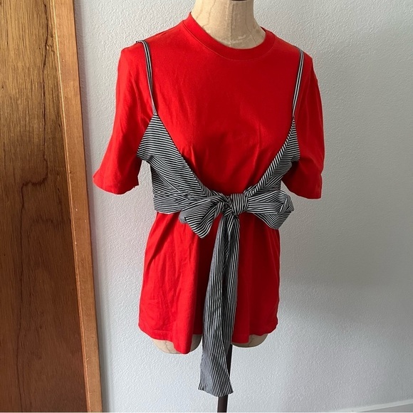 MSGM Tops - MSGM sz S Red Short Sleeve Tshirt w/ Detachable Bow Tie Tank Top Striped